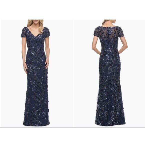 $785 La Femme Dress Beaded Column Gown Navy Blue Sz 4 - Picture 2 of 5